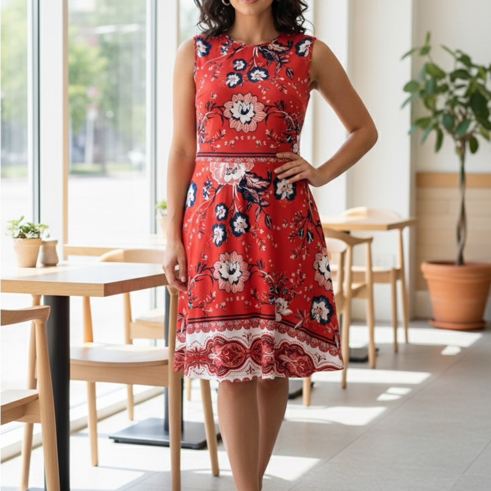 New York & Company Red and Navy Floral Dress